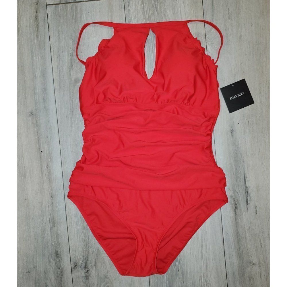 Ellen Tracy Size 14 Women's Red Keyhole High-Neck over the shoulder swimsuit